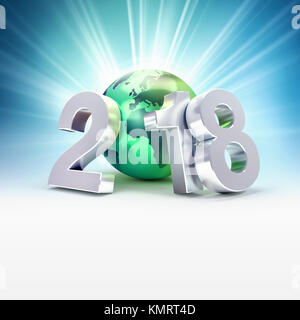 Neues Jahr Datum 2018 zusammen mit einem grünen Planeten Erde, auf einem glänzenden blauen Hintergrund - 3D-Darstellung Stockfoto