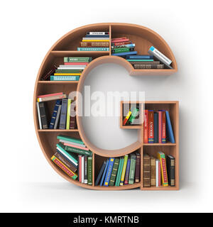 Buchstaben G Alphabet in Form von Regalen mit Büchern isoliert auf Weiss. 3D-Darstellung Stockfoto