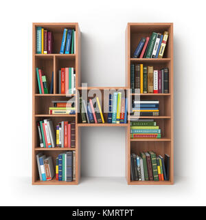 Schreiben H. Alphabet in Form von Regalen mit Büchern isoliert auf Weiss. 3D-Darstellung Stockfoto