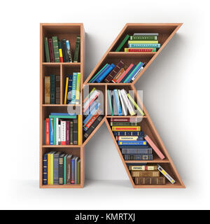 Schreiben K. Alphabet in Form von Regalen mit Büchern isoliert auf Weiss. 3D-Darstellung Stockfoto