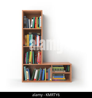 Schreiben D. Alphabet in Form von Regalen mit Büchern isoliert auf Weiss. 3D-Darstellung Stockfoto