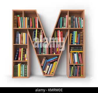 Schreiben M. Alphabet in Form von Regalen mit Büchern isoliert auf Weiss. 3D-Darstellung Stockfoto