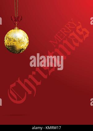 Rot festlich portrait Hintergrund mit golden Disco Ball Christbaumkugel und Bogen und dekorative frohe Weihnachten text Stock Vektor