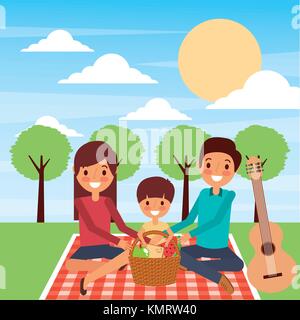 Familie sitzt Decke Abendessen Picknick im Park Stock Vektor