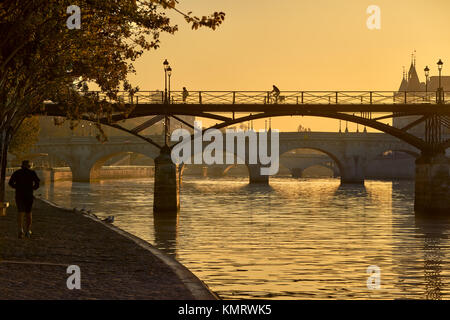 Sonnenaufgang über den Pont des Arts, Pont Neuf und der Seine Banken. Ile de la Cite, 1. Arrondissement, Paris, Frankreich Stockfoto