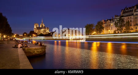 Abends im Sommer auf der Seine Ufer mit Notre Dame de Paris Kathedrale beleuchtet. Ile de la Cité und Ile Saint Louis, Paris, Frankreich Stockfoto