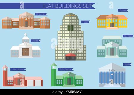 Flache design Vector Illustration Konzept für Gebäude Bildung Symbole gesetzt. Universität Fire Station, Bank, Rathaus, Schule. Stock Vektor