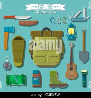 Flaches Design moderne vector Abbildung: Camping und Wandern. Reisen und Ferien Gegenstände, Messer und Axt, Rucksack und Wanderschuhe, lante Stock Vektor