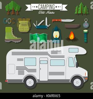 Flaches Design moderne Vector Illustration von Reisen und Ferien. Camping und Wandern Ausrüstung, Auto rv, Messer und Rucksack, Wanderschuhe, lante Stock Vektor