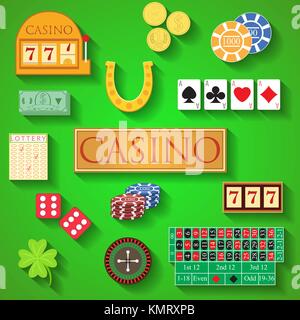 Casino Elemente flaches Design moderne Vector Illustration von Casino, Casino Chips, Poker Cards, Roulette, Geld, Würfel, Ace, Münze, Cash, Horseshoe Stock Vektor