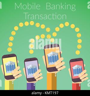 Flache design vector Abbildung: Hände, die Smart Phones mit Bank Symbol. Konzept für Online-Banking-Transaktion, die auf farbigen Hintergrund. Stock Vektor