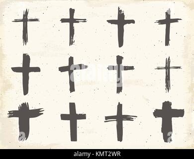 Grunge Hand gezeichnet Kreuz Symbole gesetzt. christliche Kreuze, religiösen Zeichen, Symbole, Kruzifix symbol Vektor illustration Stock Vektor