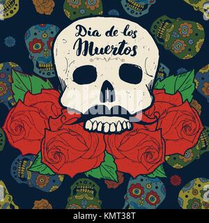 Tag der Toten, Beschriftung Angebot mit handdrawn Schädel und Rosen, vintage Label, Typografie Design oder T-Shirt drucken, Vektor, Abbildung Stock Vektor