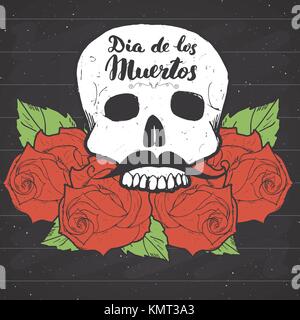 Tag der Toten, Beschriftung Angebot mit handdrawn Schädel und Rosen, vintage Label, Typografie Design oder T-Shirt drucken, Vektor, Abbildung Stock Vektor