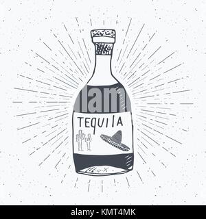 Vintage Label, hand gezeichnete Flasche tequila Mexikanische traditionelle Alkohol trinken, Skizze, Grunge texturierte retro Abzeichen, Emblem Design, Typografie t-shirt p Stock Vektor