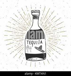 Vintage Label, hand gezeichnete Flasche tequila Mexikanische traditionelle Alkohol trinken, Skizze, Grunge texturierte retro Abzeichen, Emblem Design, Typografie t-shirt p Stock Vektor