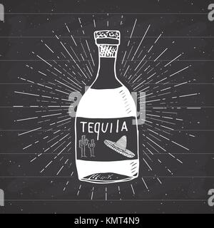 Vintage Label, hand gezeichnete Flasche tequila Mexikanische traditionelle Alkohol trinken, Skizze, Grunge texturierte retro Abzeichen, Emblem Design, Typografie t-shirt p Stock Vektor