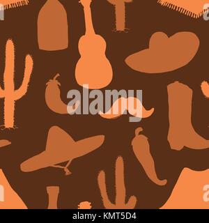 Mexiko nahtlose Muster doodle Elemente, handgezeichnete Skizze silhouette mexikanische Traditionelle sombrero Hut, Boot, Poncho, Kakteen und tequila Flasche, Chili Stock Vektor