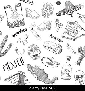 Mexiko nahtlose Muster doodle Elemente, handgezeichnete Skizze mexikanische Traditionelle sombrero Hut, Stiefel, Poncho, Kakteen und tequila Flasche, Karte von Mexiko, Stock Vektor
