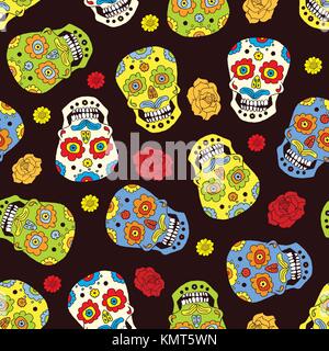 Tag der Toten nahtlose Muster, handdrawn Zucker Schädel und Rosen Hintergrund, Vector Illustration. Stock Vektor