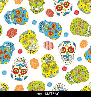 Tag der Toten nahtlose Muster, handdrawn Zucker Schädel und Rosen Hintergrund, Vector Illustration. Stock Vektor