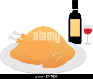 Weihnachten und Thanksgiving Truthahn auf Fach- oder Platte mit Wein Flasche und Glas auf weißem Hintergrund. Traditionelle Weihnachtsverzierung Symbole und Sy Stock Vektor