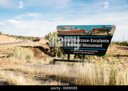 Grand Staircase-Escalante National Monument Zeichen auf der Seite der Autobahn in Utah Stockfoto