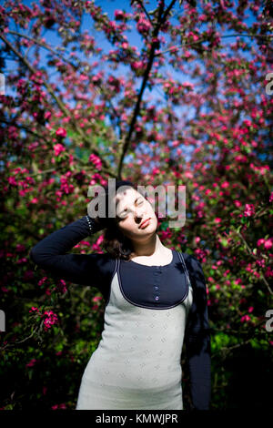 Portrait einer jungen schönen Mädchen in einem blühenden Baum. Schönheit der Frühling ohne Allergie. Stockfoto