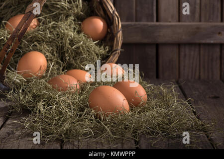 Organische braune Eier aus einem Korb auf einem hölzernen Oberfläche verschüttetes Stockfoto