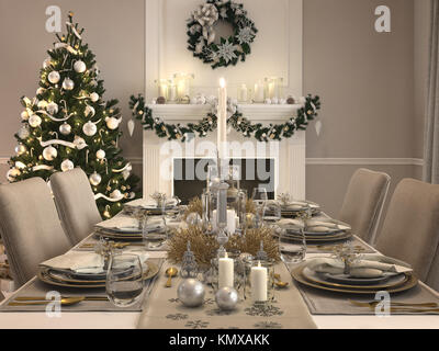 Luxus Esszimmer mit Weihnachten Dekoration von Tag zu Tag. 3D-Rendering Stockfoto