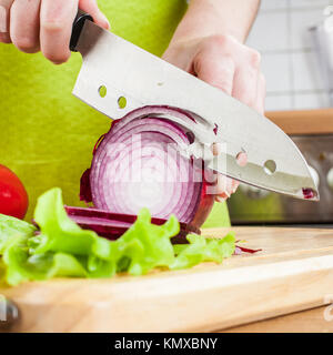 Weibes Hände schneiden Zwiebel Zwiebel, hinter frisches Gemüse. Stockfoto