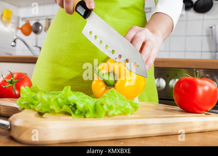 Frauenhand schneiden frische Paprika in der Küche Stockfoto