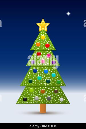 Vektor Weihnachtsbaum mit Kugeln und Schnee in der klaren Nacht dekoriert mit einer North Star. Stock Vektor