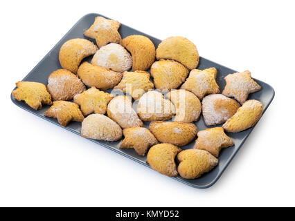 Cookies in einem grauen Platte auf weißem Hintergrund isoliert Stockfoto