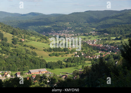 Ein Luftbild mit Blick auf das Dorf von Munster innerhalb der Fecht Tal eingebettet, Elsass Stockfoto