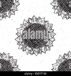 Sonnenblume nahtlose Muster Hand gezeichnete Skizze, Hintergrund, Typografie design Vector Illustration. Stock Vektor