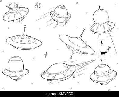 Eingestellt von Cartoon Vektor doodle Zeichnung von Ufo alien Raumschiffen. Stock Vektor