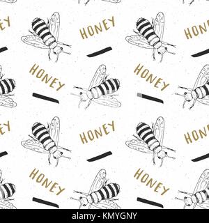 Biene Hand gezeichnet nahtlose Muster, mit Wort Honig Vector Illustration. Stock Vektor