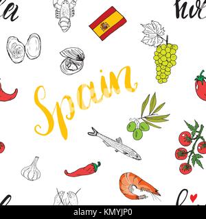 Spanien nahtlose Muster doodle Elemente, handgezeichnete Skizze spanisch essen Garnelen, Oliven, Trauben, Flagge und Schriftzug. Vector Illustration Hintergrund Stock Vektor