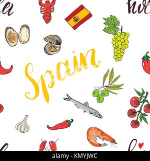 Spanien nahtlose Muster doodle Elemente, handgezeichnete Skizze spanisch essen Garnelen, Oliven, Trauben, Flagge und Schriftzug. Vector Illustration Hintergrund Stock Vektor