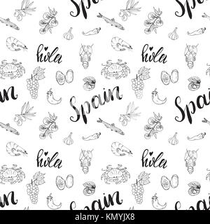 Spanien nahtlose Muster doodle Elemente, handgezeichnete Skizze spanisch essen Garnelen, Oliven, Trauben, Flagge und Schriftzug. Vector Illustration Hintergrund Stock Vektor