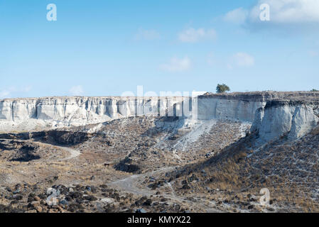 Die Berge von Santorini, an einem bewölkten Tag. Die weißen Berge, der Sand. Stockfoto