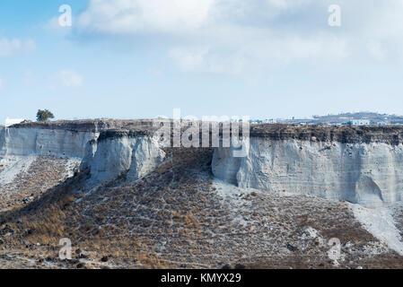 Die Berge von Santorini, an einem bewölkten Tag. Die weißen Berge, der Sand. Stockfoto