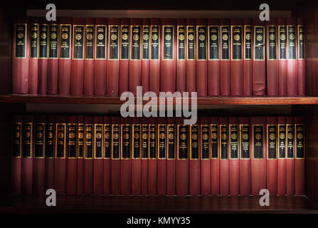 Cacak, Serbien - Dezember 07, 2017: Detailansicht der Bücher des Alten serbischen Literatur in den Regalen. Berühmte Schriftsteller und Sammlungen. Stockfoto