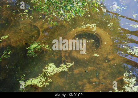 Ein Fluss verunreinigt durch Menschen. Müll, rostigem Eisen, Autoreifen liegen unter Wasser. Stockfoto