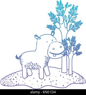 Hippopotamus Cartoon in Wald neben den Bäumen in den Fehlermodus Blau bis Violett Farbe Silhouette Stock Vektor