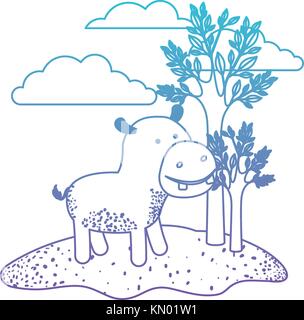 Hippopotamus Cartoon in der freien Szene mit Bäume und Wolken in den Fehlermodus Blau bis Violett Farbe Silhouette Stock Vektor