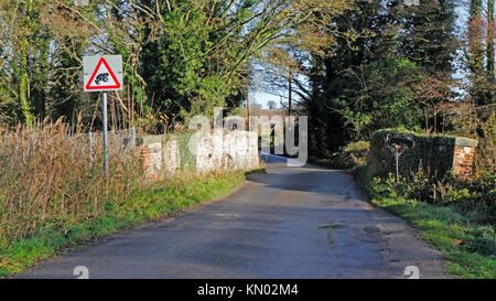 Eine Landstraße mit Brücke über den ehemaligen North Walsham und Dilham Canal an Briggate, Honen, Norfolk, England, Vereinigtes Königreich. Stockfoto