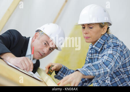 Reife männliche Architekten und Frau Zimmermann an der Baustelle Stockfoto