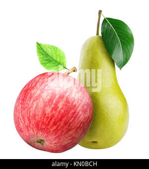 Apfel und Birne auf weißem Hintergrund mit Freistellungspfad isoliert Stockfoto